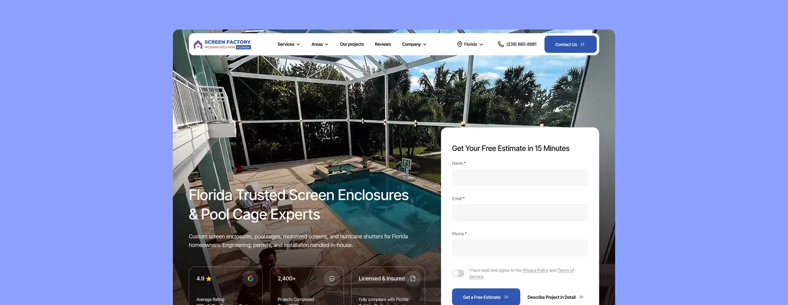 Screen Factory Florida homepage after the rebuild: screen enclosure photo, headline and estimate form
