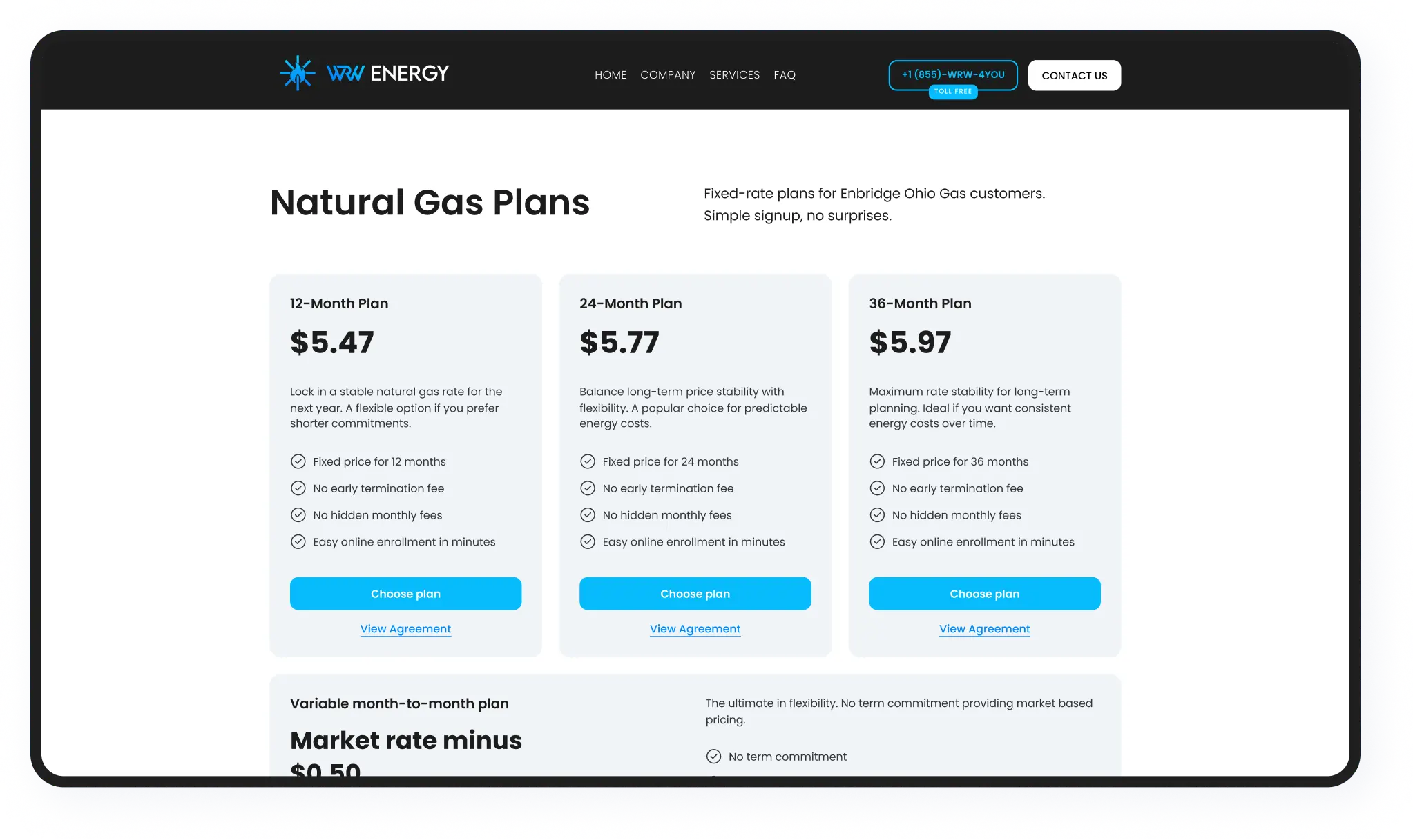 WRW Energy homepage with four natural gas plan comparison cards and pricing layout