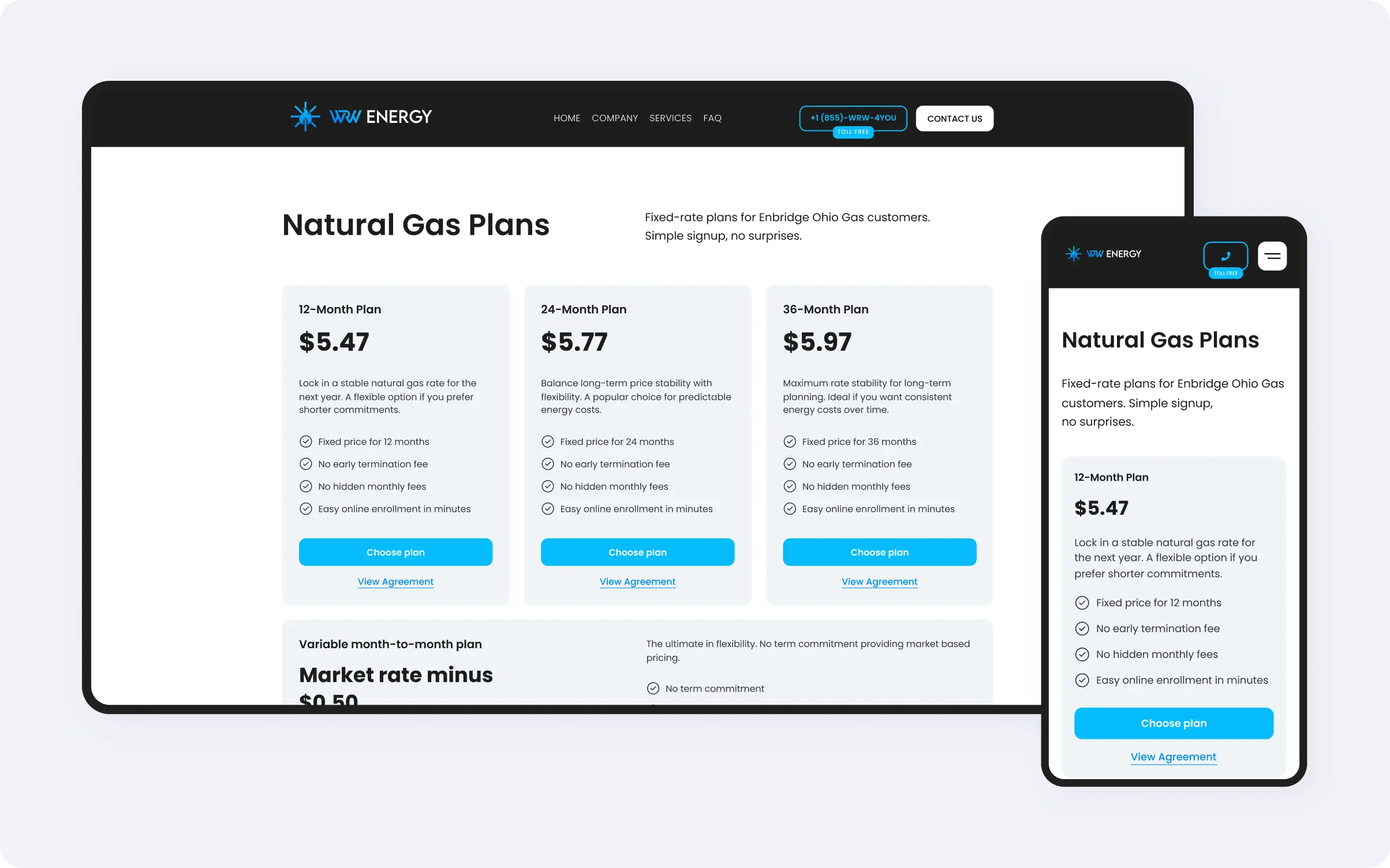 WRW Energy plan selection page in responsive desktop and mobile views with fixed-rate pricing cards