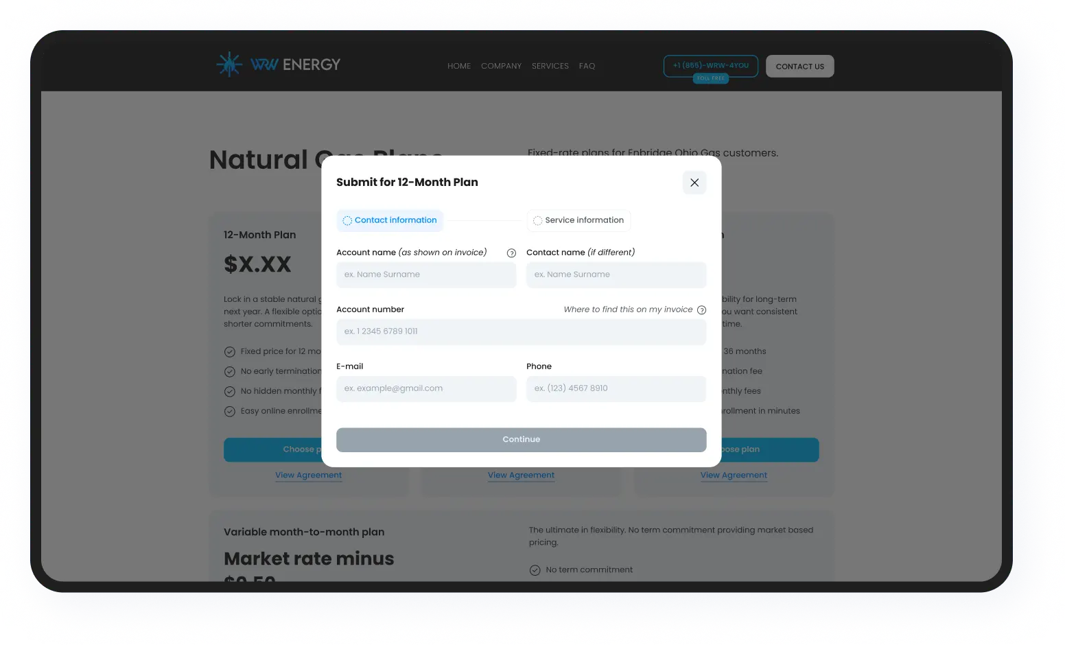 WRW Energy enrollment form with address fields, tax exempt option, and contextual invoice guidance tooltip