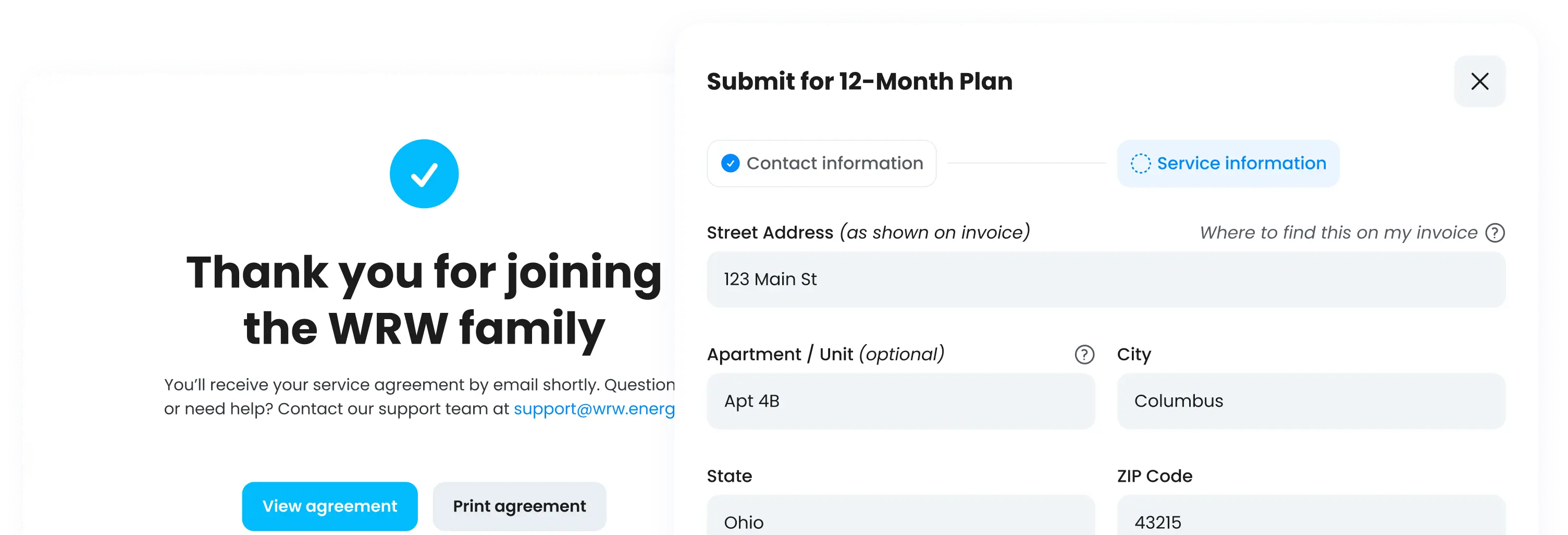 WRW Energy enrollment platform showing plan submission form and welcome confirmation screen