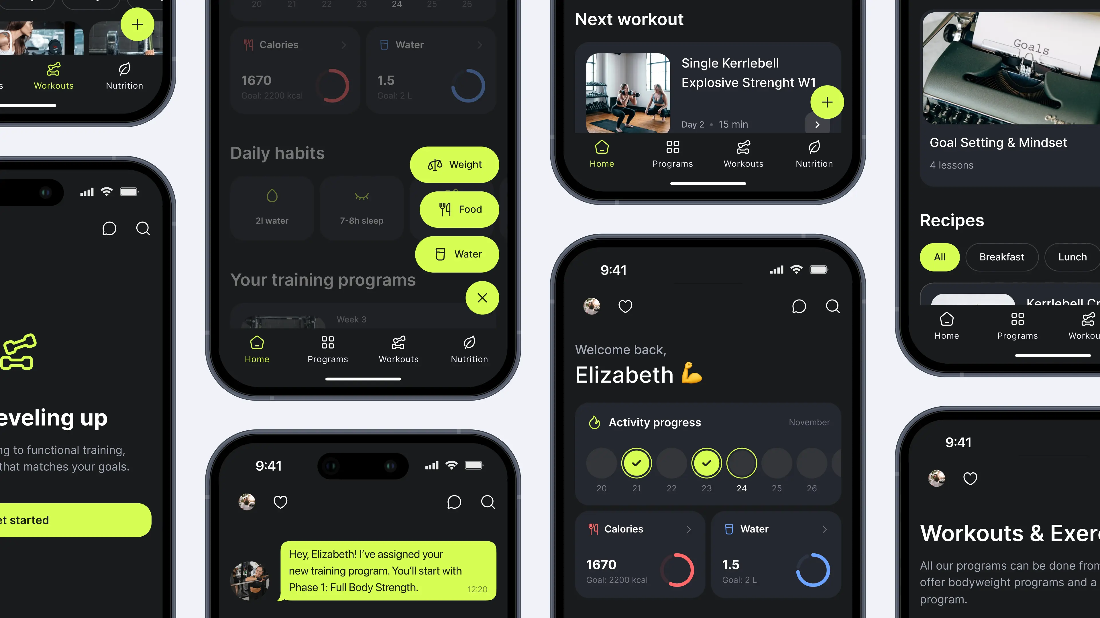 Complete grid of Ymove app screens including daily habits, next workout card, recipes, activity progress, coach messaging, and workouts library in dark theme