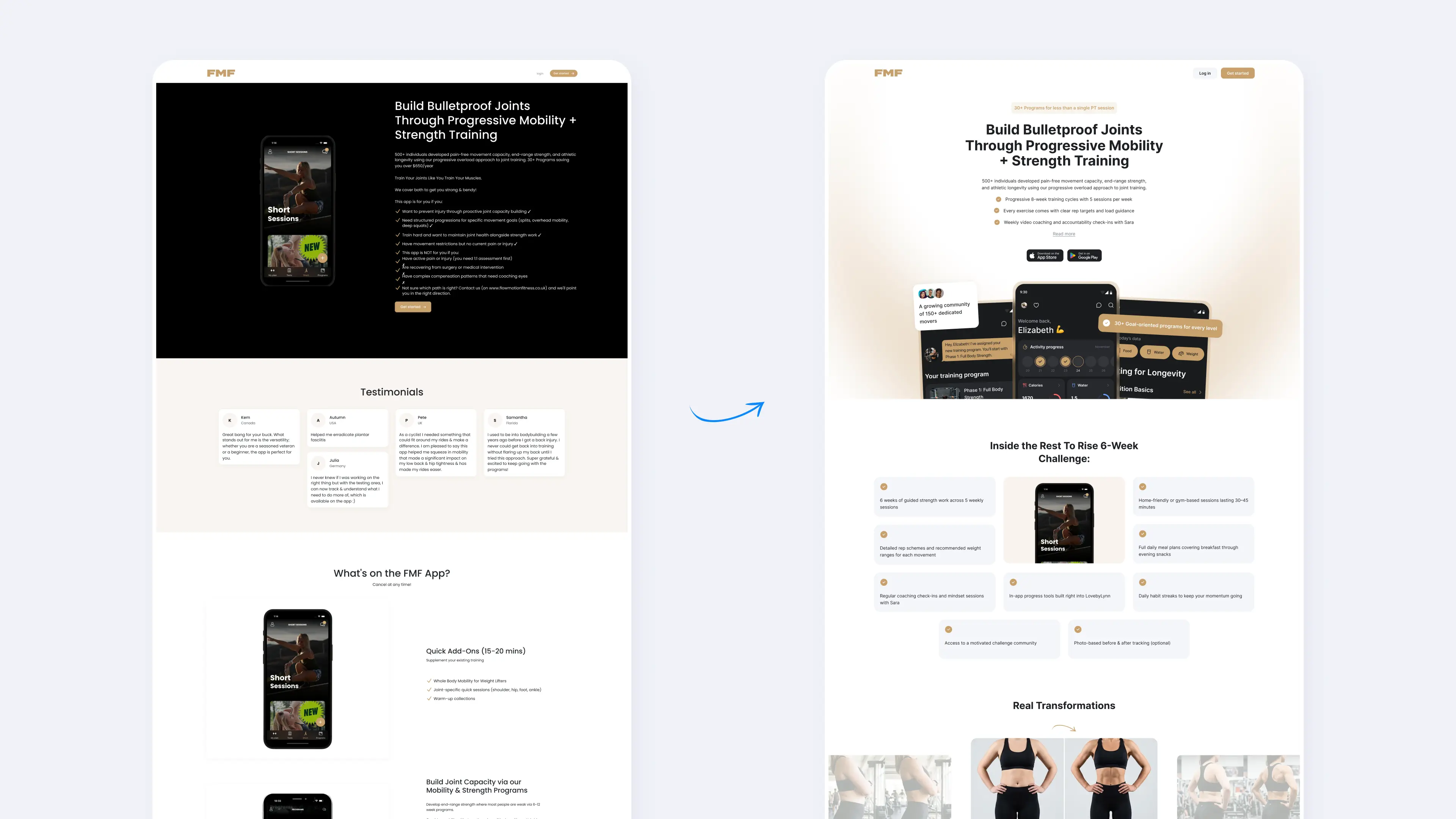 Before and after redesign of Ymove trainer landing page showing original mobile layout and new desktop version with hero section, testimonials, and program blocks