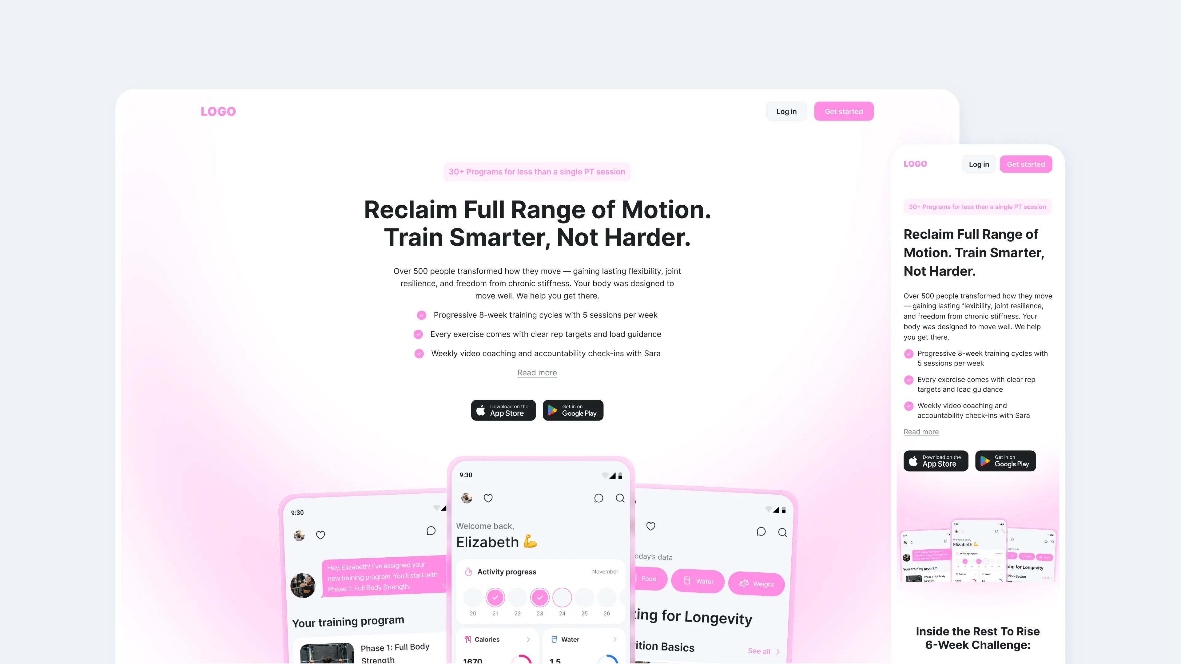 Ymove trainer landing page template in desktop and mobile versions with brand-color gradient, hero section, app store buttons, and inline app screen previews
