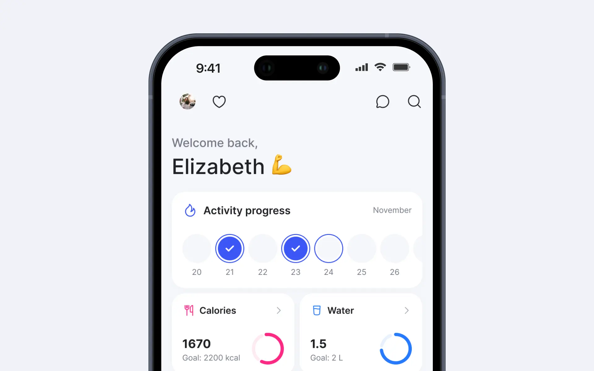 Ymove fitness app light theme dashboard and schedule screens showing activity progress, calorie tracking, and personal records