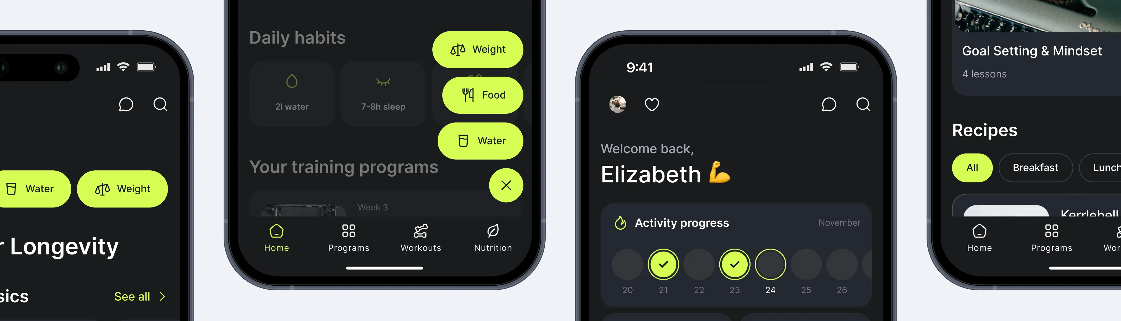 Ymove fitness coaching app screens showing dark theme dashboard, daily habits tracker, and activity progress calendar