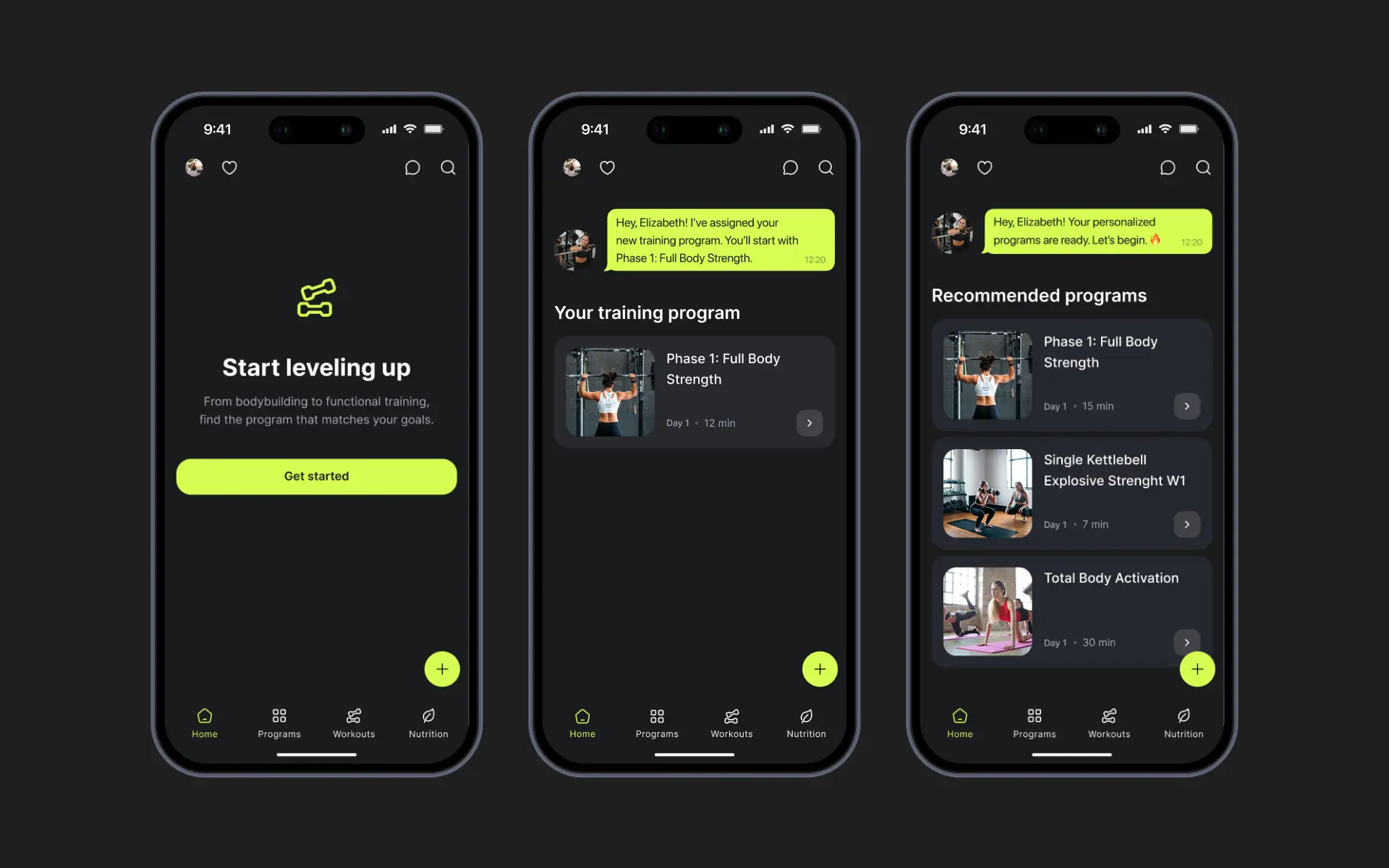 Before and after comparison of Ymove workout library screen redesign in dark theme